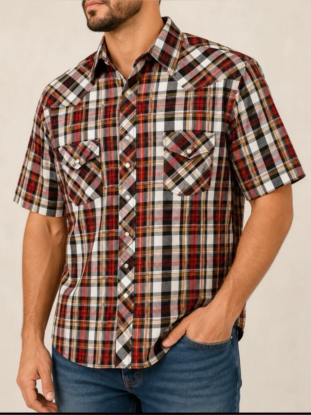 Wrangler Red Black Plaid Short Sleeve Button-Down Shirt